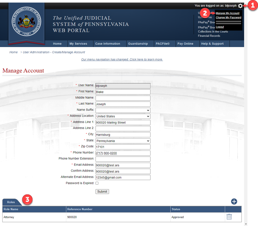 Manage Account screen and Roles grid